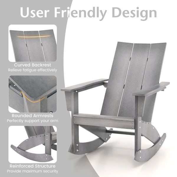 Waterproof Adirondack Rocking Chair with Curved Back And Rounded Armrest for Balcony/Backyard