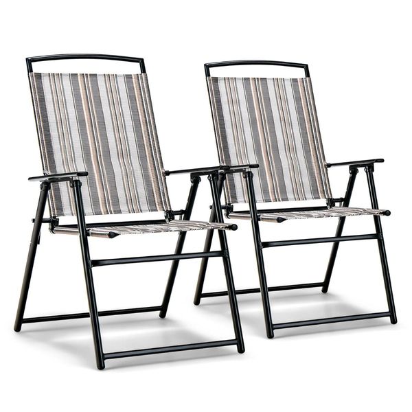 2 Pieces Patio Folding Chairs Metal Frame Armrest Garden Yard-Grey