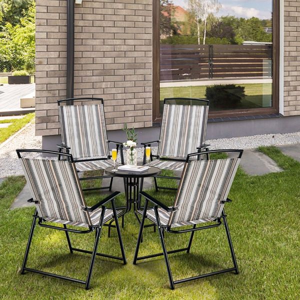 2 Pieces Patio Folding Chairs Metal Frame Armrest Garden Yard-Grey