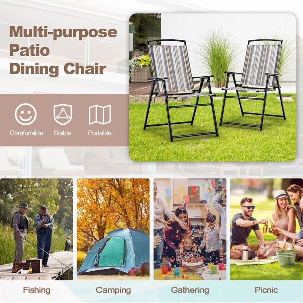 2 Pieces Patio Folding Chairs Metal Frame Armrest Garden Yard-Grey