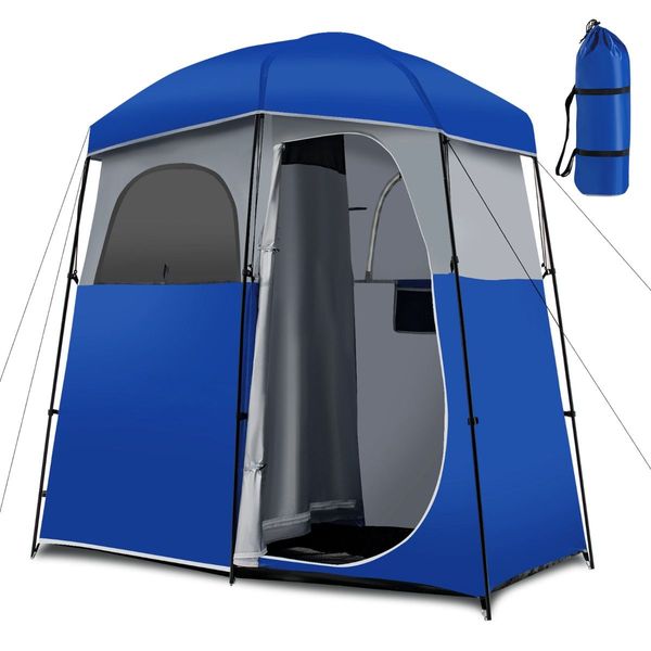 Double-Room Camping Shower Toilet Tent with Floor for Outdoor