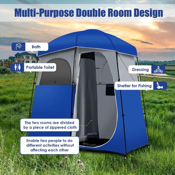 Double-Room Camping Shower Toilet Tent with Floor for Outdoor