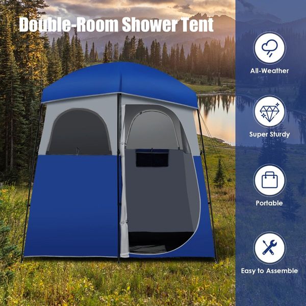 Double-Room Camping Shower Toilet Tent with Floor for Outdoor