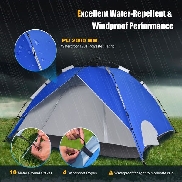 3-In-1 4-Person Instant Waterproof Pop-up Tent with Carry Bag