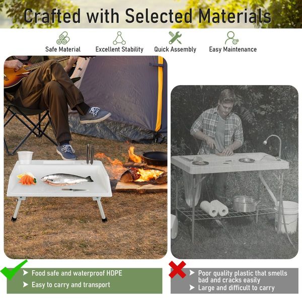 Folding Fish Fillet Table with Knife Slots and Drainage Hose for Camping