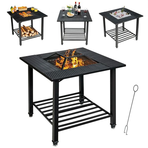 Outdoor Fire Pit Dining Table with Mesh Cover for Poolside