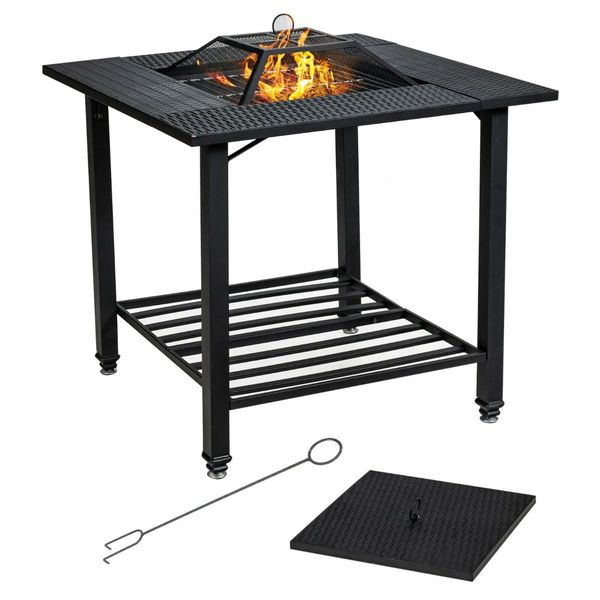 Outdoor Fire Pit Dining Table with Mesh Cover for Poolside