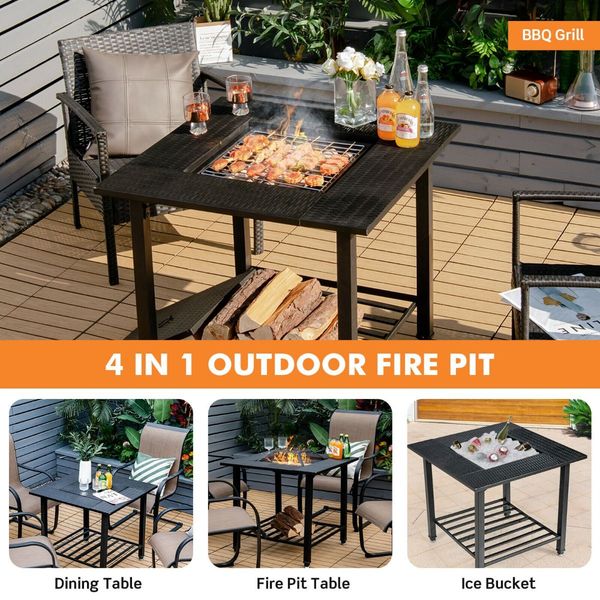 Outdoor Fire Pit Dining Table with Mesh Cover for Poolside