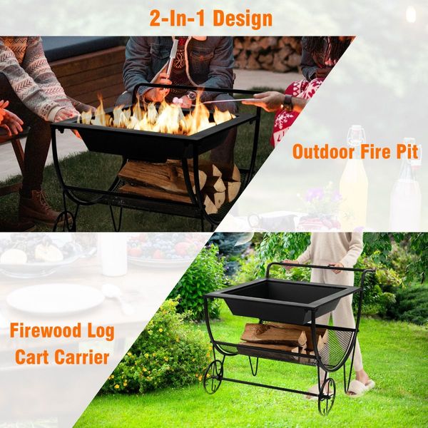 Outdoor Wood Burning Fire Pit with Firewood Rack & Handle & Wheels