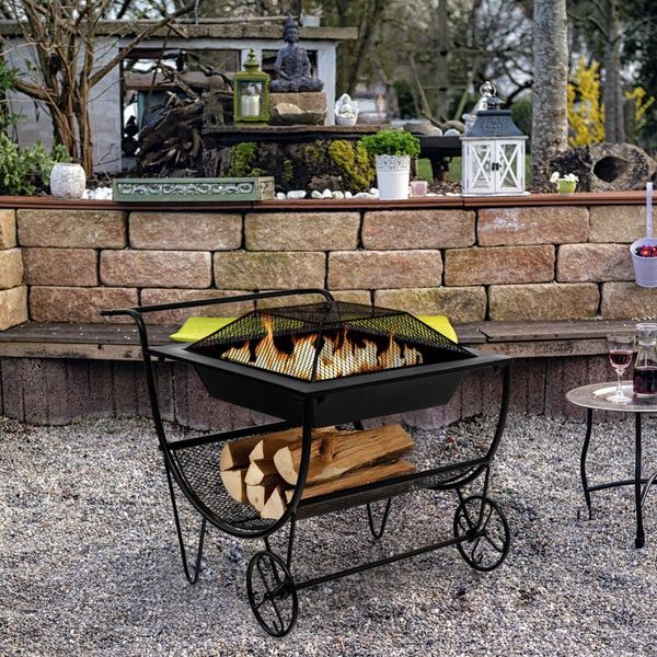 Outdoor Wood Burning Fire Pit with Firewood Rack & Handle & Wheels