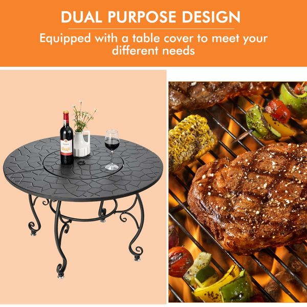 Patio Round Fire Pit Dining Table with Cooking Grill & Wood Grate