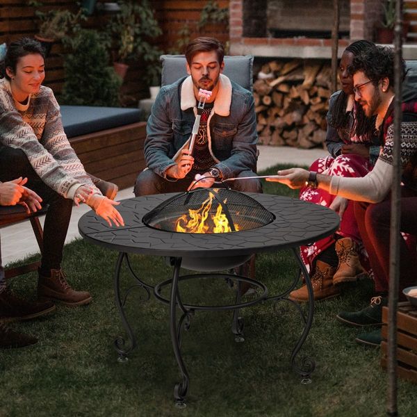 Patio Round Fire Pit Dining Table with Cooking Grill & Wood Grate