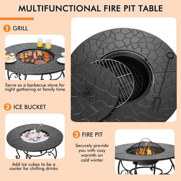 Patio Round Fire Pit Dining Table with Cooking Grill & Wood Grate