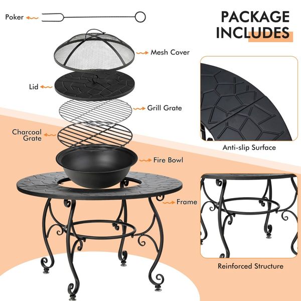 Patio Round Fire Pit Dining Table with Cooking Grill & Wood Grate