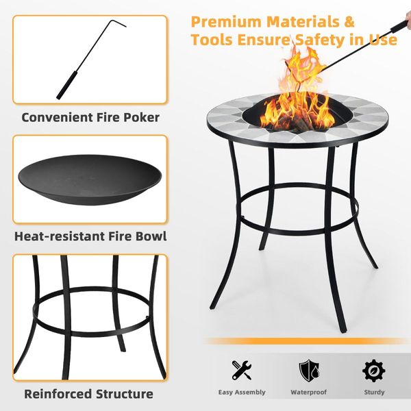 Outdoor Round Fire Pit Table with Mesh Screen Lid & Fire Poker