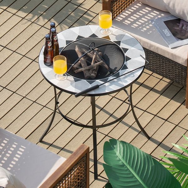 Outdoor Round Fire Pit Table with Mesh Screen Lid & Fire Poker