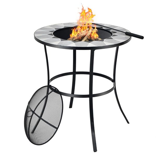 Outdoor Round Fire Pit Table with Mesh Screen Lid & Fire Poker