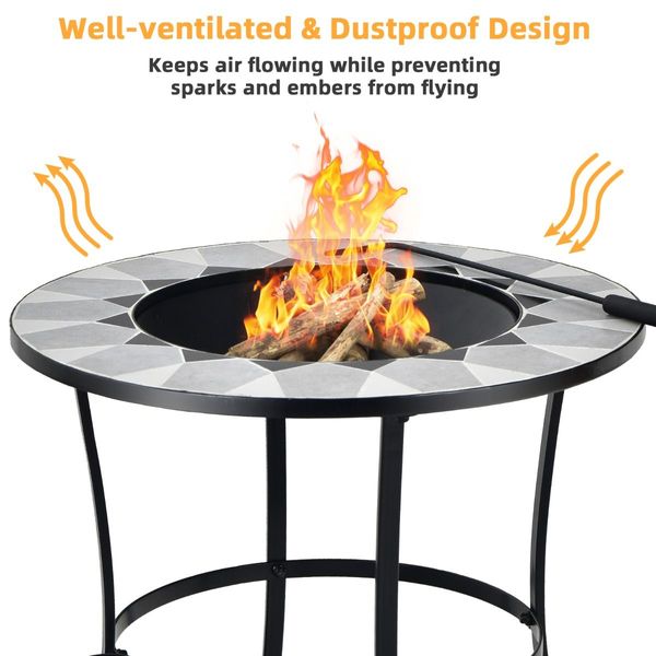 Outdoor Round Fire Pit Table with Mesh Screen Lid & Fire Poker