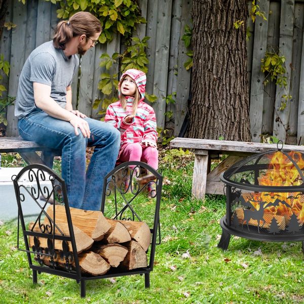 Decorative Firewood Rack with Handles and Raised Legs for Indoor and Outdoor Use