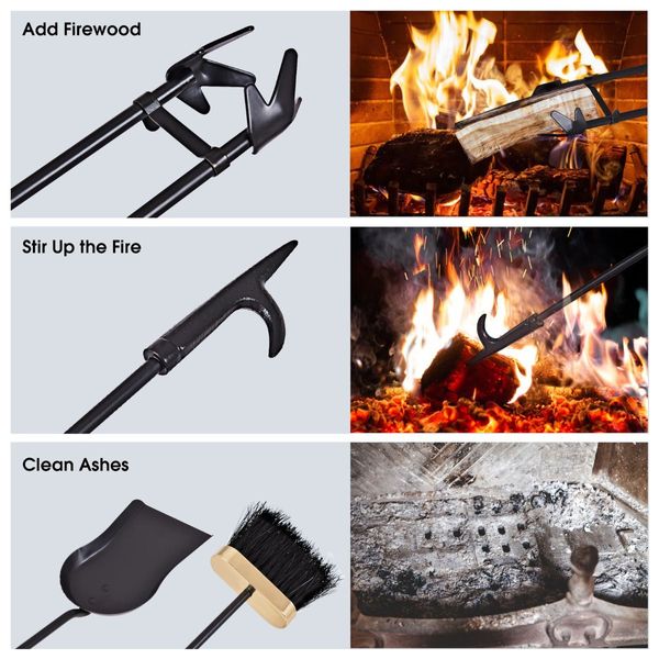 5 Pieces Iron Fireplace Set with Broom & Shovel & Poker & Tongs & Stand