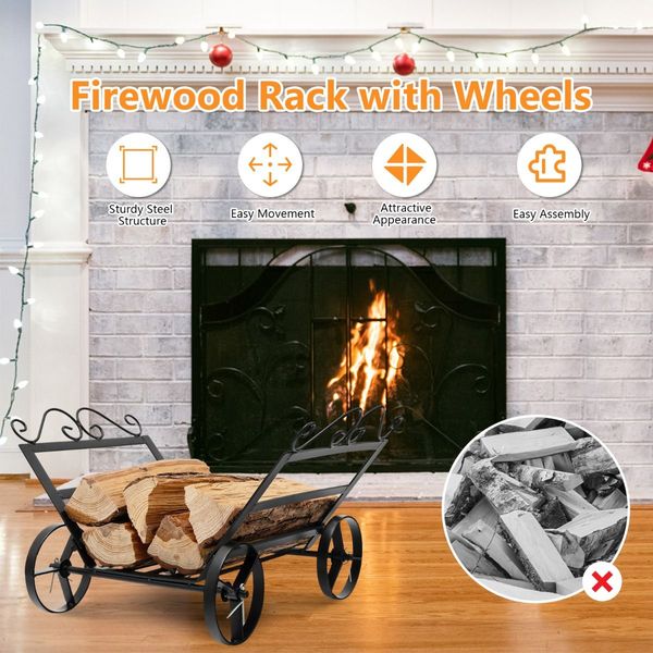 Decorative Firewood Rack with 4 Wheels for Indoor & Outdoor