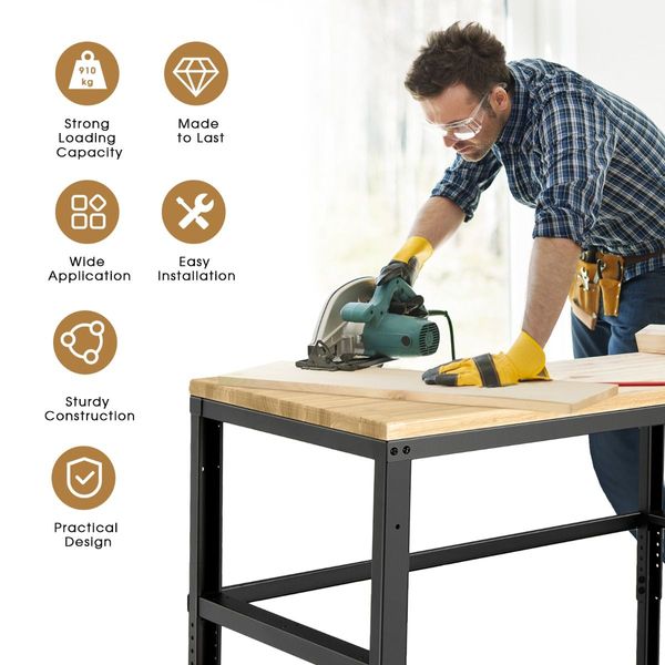 Solid Oak Wood Worktable with Adjustable Height for Garage