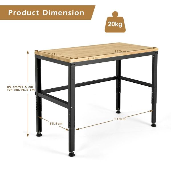 Solid Oak Wood Worktable with Adjustable Height for Garage