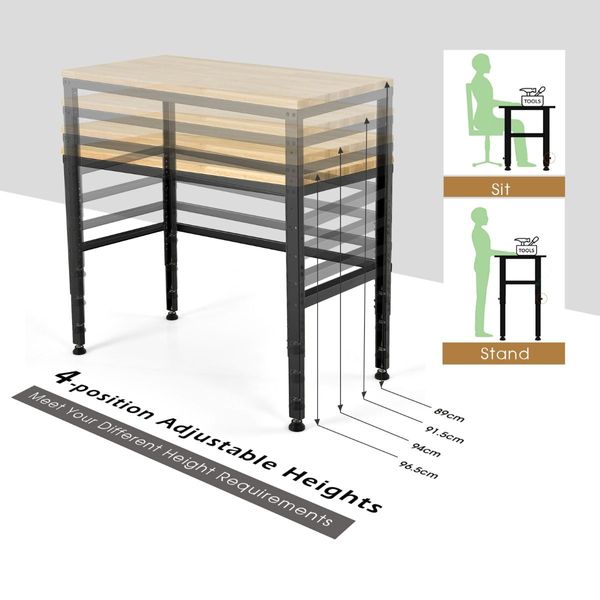 Solid Oak Wood Worktable with Adjustable Height for Garage