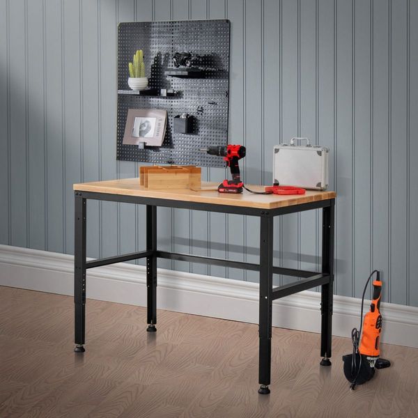 Solid Oak Wood Worktable with Adjustable Height for Garage