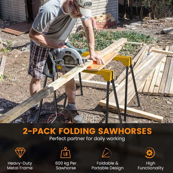 Pack of 2 Folding Sawhorses with Convenient Handle and  Lightweight Tool Stands for Indoor/Outdoor Use