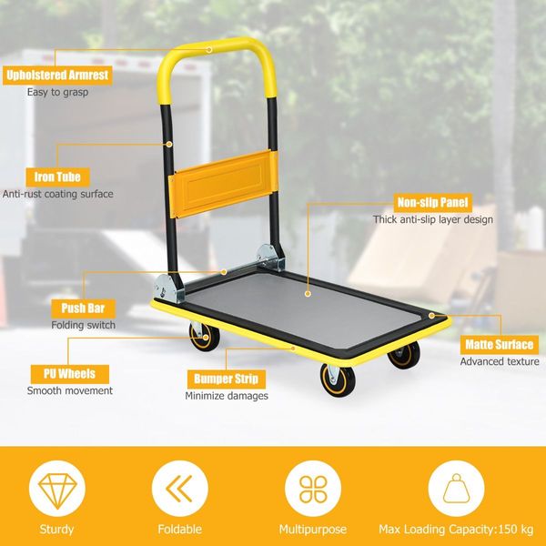 Folding Push Cart Dolly with 360 Degree Swivel Wheels for Garage/Warehouse