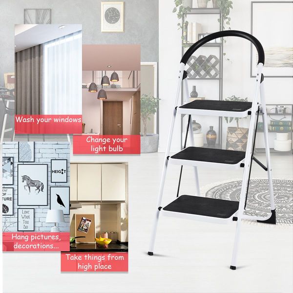 Folding 3 Steps Iron Stepladder with Platform & Handrail