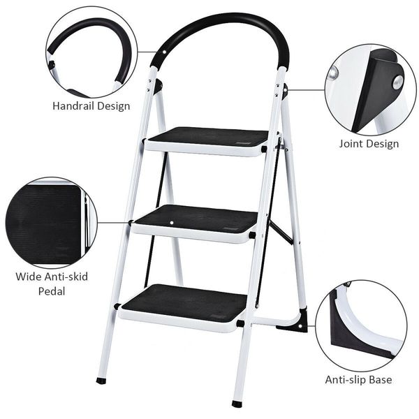 Folding 3 Steps Iron Stepladder with Platform & Handrail