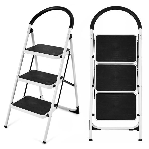 Folding 3 Steps Iron Stepladder with Platform & Handrail