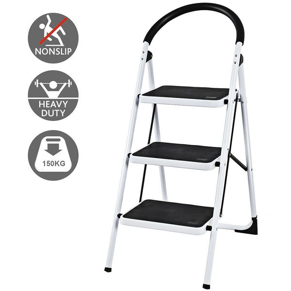 Folding 3 Steps Iron Stepladder with Platform & Handrail