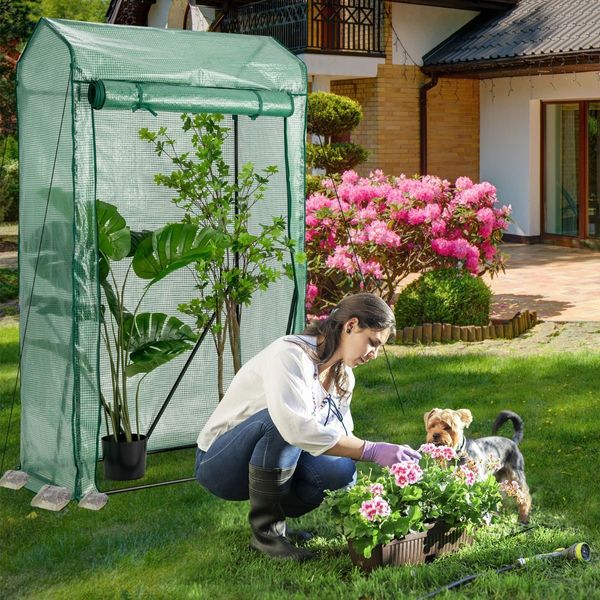 Walk-in Garden Greenhouse with Roll-up Door for Vegetables & Flowers