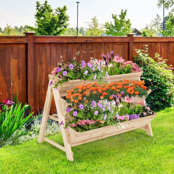 3-Tier Wooden Raised Garden Bed with Side Hooks & Storage Shelf for Plants