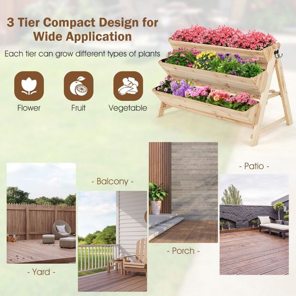 3-Tier Wooden Raised Garden Bed with Side Hooks & Storage Shelf for Plants