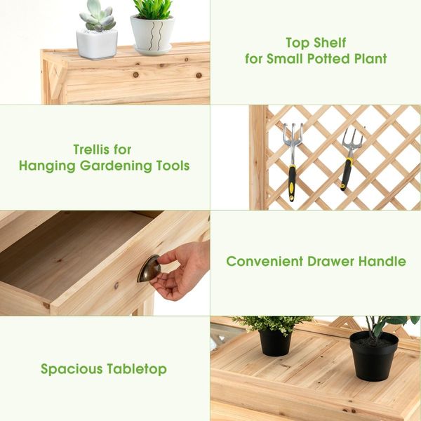 Wood Raised Garden Bed with Trellis & Open Storage Shelf & Drawer