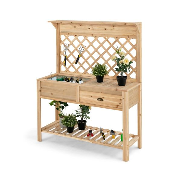 Wood Raised Garden Bed with Trellis & Open Storage Shelf & Drawer