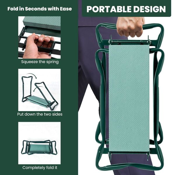 Foldable Gardener Stool with EVE Pad & Tool Bag for Outdoor Use