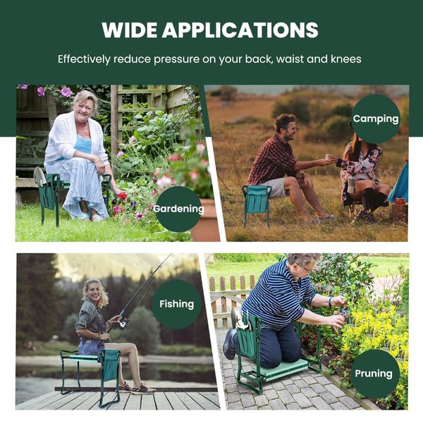 Foldable Gardener Stool with EVE Pad & Tool Bag for Outdoor Use