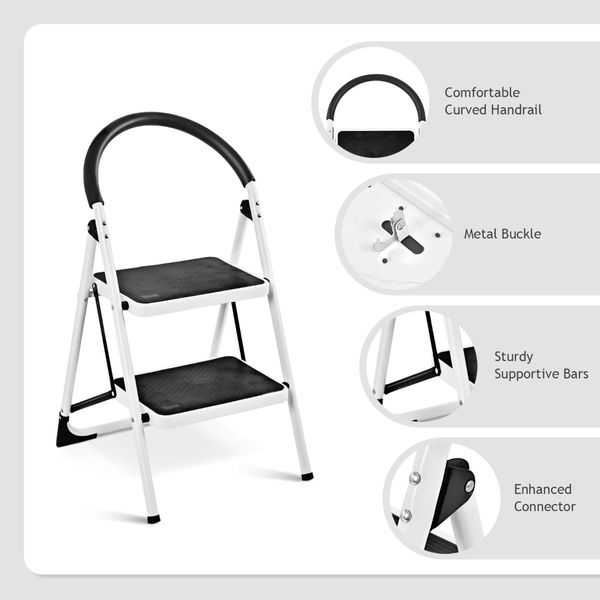 2 Step Household Ladder with Anti-Slip Platform and Lightweight Portable Design for Home/Garden