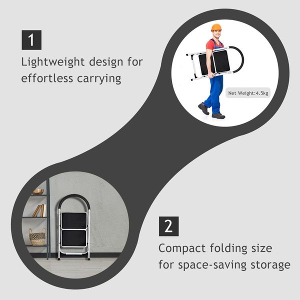 2 Step Household Ladder with Anti-Slip Platform and Lightweight Portable Design for Home/Garden