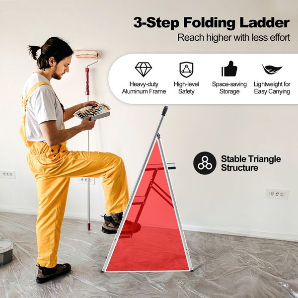 3-Step Aluminum Folding Ladder with Non-Slip Pedal & Footpads