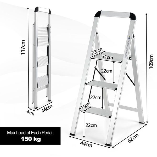 3-Step Aluminum Folding Ladder with Non-Slip Pedal & Footpads