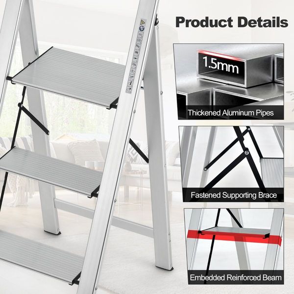 3-Step Aluminum Folding Ladder with Non-Slip Pedal & Footpads