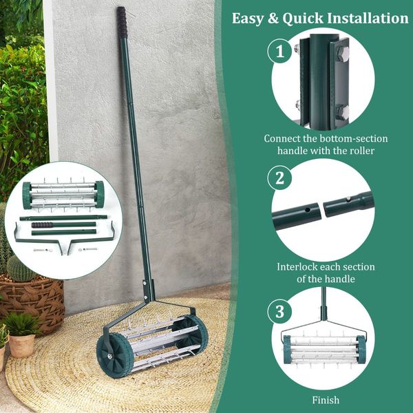 Rolling Garden Lawn Aerator Roller with 3-Piece Long Steel Handle