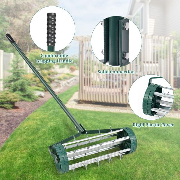 Rolling Garden Lawn Aerator Roller with 3-Piece Long Steel Handle