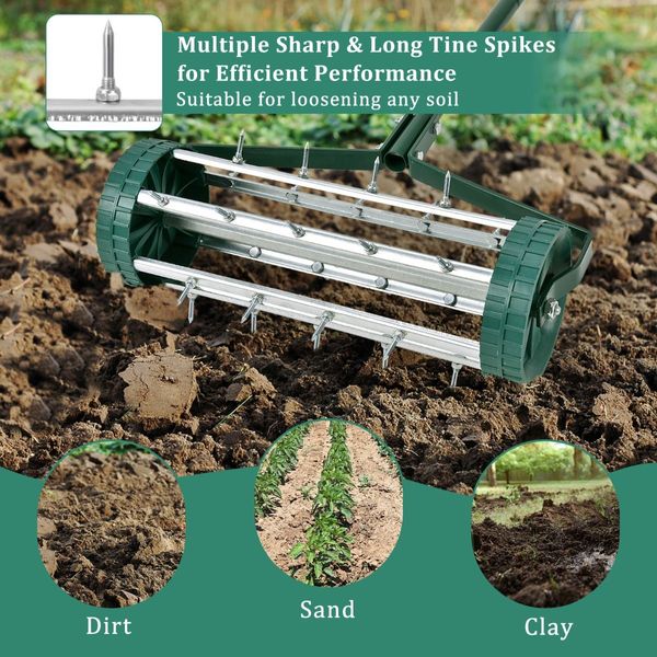 Rolling Garden Lawn Aerator Roller with 3-Piece Long Steel Handle